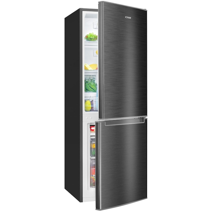 Combina frigorifica Bomann, KG7359GR, H 143 cm, capacitate totala 173 litri, congelator 52 litri, alarma usi deschise, compartiment pentru fructe/legume, iluminare interioara LED, usi reversibile, antracit