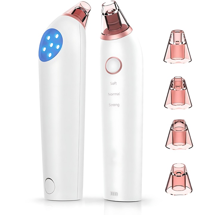 Aparat cu Vacuum pentru Puncte Negre si de Grasime Velixo®, Curatare Faciala, 3 Viteze, 4 Capete, Lumina LED, Ingrijirea Tenului, Incarcare USB, Instrument Metalic Inclus, Alb/Roz