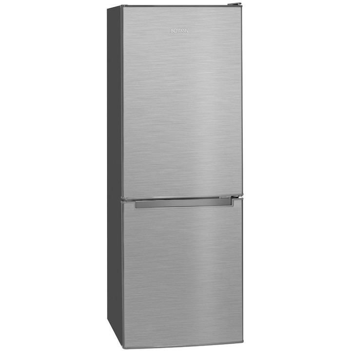 Combina frigorifica Bomann, KG7359IX, H 143 cm, capacitate totala 173 litri, congelator 52 litri, alarma usi deschise, compartiment pentru fructe/legume, iluminare interioara LED, usi reversibile, inox