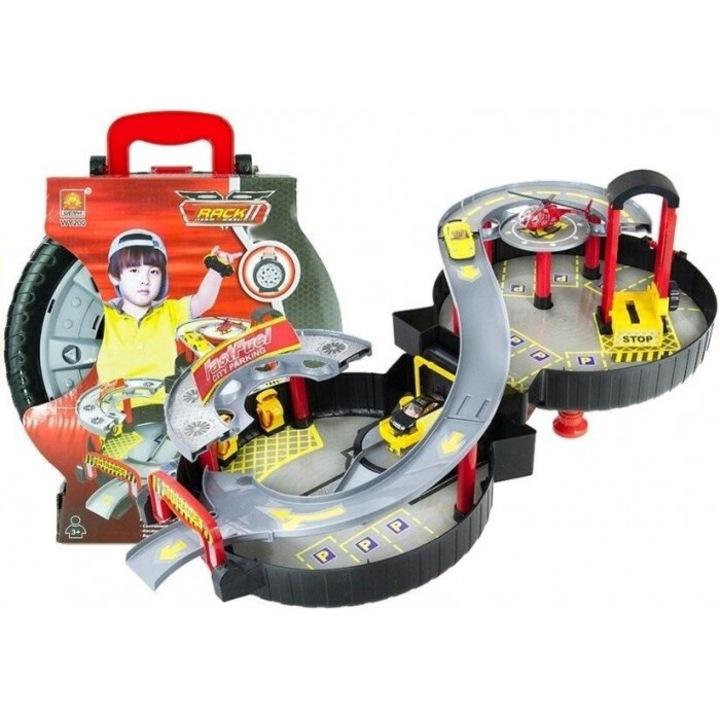 Parcare garaj auto pliabil in valiza, Leantoys, set cu 2 masini si elicopter, 35,8x28x10cm
