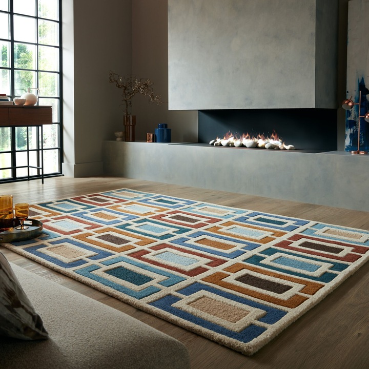 Covor dreptunghiular Flair Rugs Retro Blocks, 120 x 170 cm, 3700 g/m², 100% Lana, Albastru / Multicolor