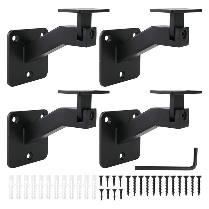 Комплект от 4 скоби за стълбищни парапети, Тежка скоба за стълбищни парапети за стълби за дома или офиса, SINBINTA, регулируем ъгъл, с аксесоари за монтаж, желязо, 9,5x9,5x10 см, черен