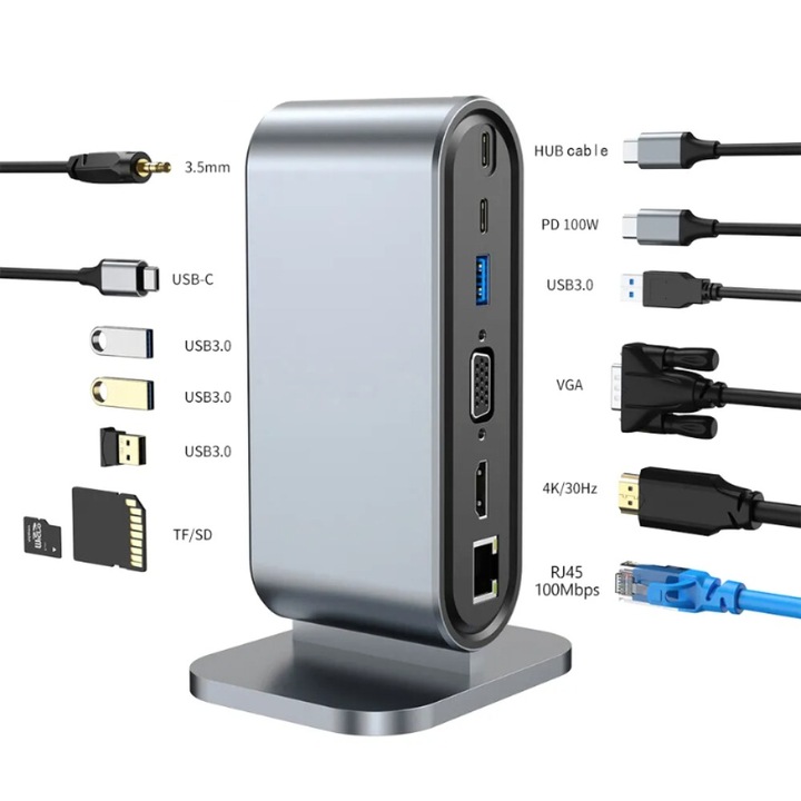 HUB адаптер, докинг станция 12 в 1, USB-C 3.1 /3.5 mm жак Audio / 4x USB 3.0 / HDMI 4K / VGA / LAN RJ45 (100 MB/S) / TF SD четец на карти / USB Type-C / PD порт 100 W , сив алуминий, първокласно качество