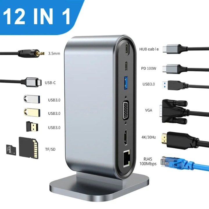 HUB adapter, 12 az 1-ben dokkoló állomás Z ZYNERA™, USB-C 3.1 / 3,5 mm-es Jack audio / 4x USB 3.0 / HDMI 4K / VGA / LAN RJ45 (100 MB/S) / TF SD kártyaolvasó / USB Type-C / 100W PD port, Alumínium, Szürke, Prémium minőség