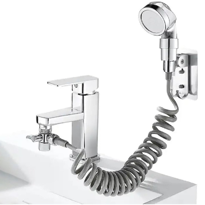 Extensie dus pentru robinet, Rqiurpn, montare rapida, Suport de perete, Furtun flexibil, Argintiu