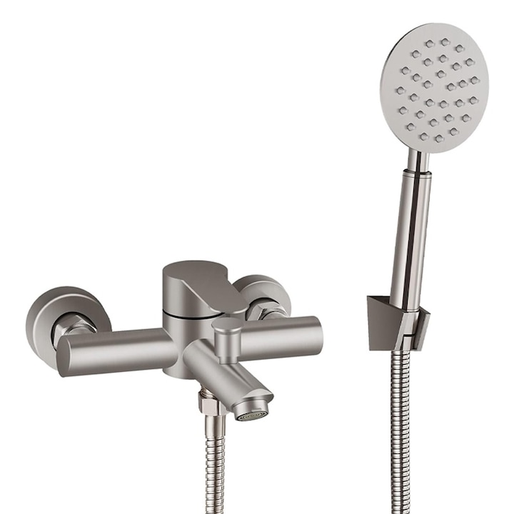 Смесител за мивка с душ, Rqiurpn, стенен, дизайн с една дръжка, неръждаема стомана 304, сребрист