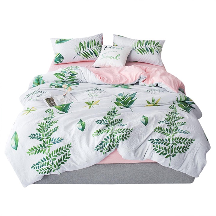 Jormftte ágynemű, 2 részes szett, fehér háttér, zöld növények, 230x230cm, 180x220cm