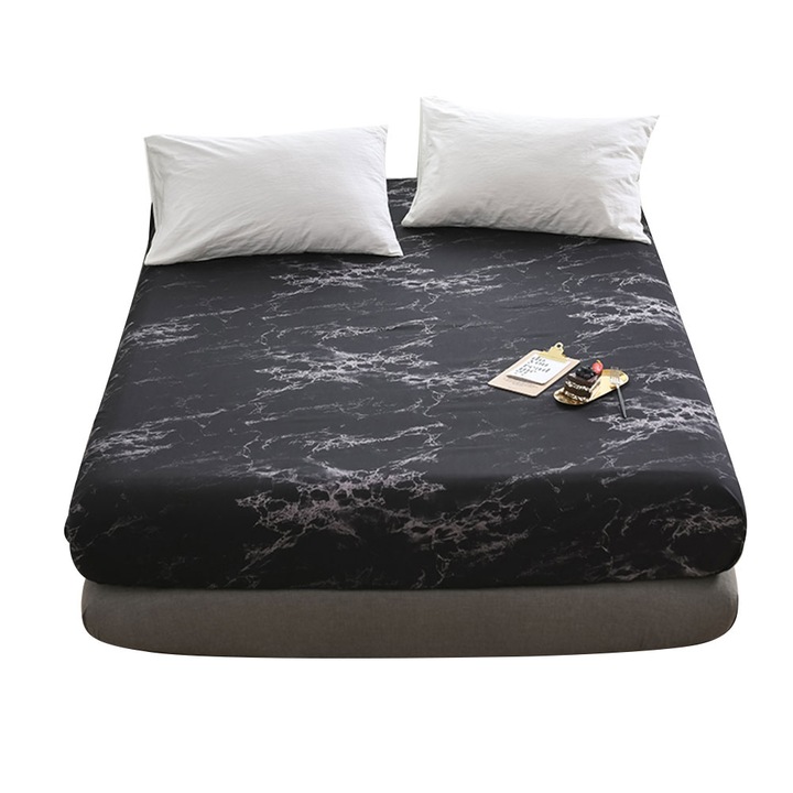 Poliészter gumis lepedő, Jormftte, márvány mintás, fekete, US-K méret