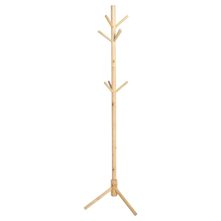 Jormftte fa ruhaállvány 9 kampóval, fa alakú design, natúr szín, könnyen összeszerelhető