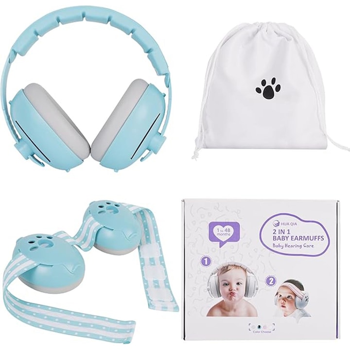 2 az 1-ben baba fültokok, XUNNING, 2 cserélhető használati mód, hallásvédelem zajos környezetben, rugalmas kialakítás, 1-48 hónap, zajcsökkentés 25 dB SNR, kék