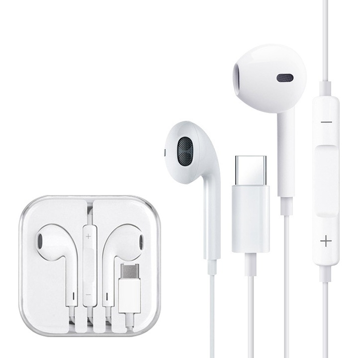 Vezetékes fejhallgató, USB-C típusú, integrált mikrofon, fehér