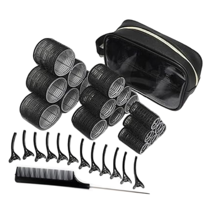Professzionális hajcsavarók, XUNNING®, 32 darabos készlet, nem károsítja a hajat, Különböző méretek, könnyen használható minden hajtípusra, kozmetikai táskával, Fekete