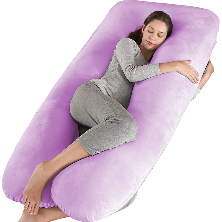 Perna gravide Wacorresi, multifunctionala 3 in 1, cu husa catifea detasabila, Forma de U, 100% bumbac, Lavabila, Suport Burta, Picioare, Cap, Gat, Spate, 140x80cm, Mov