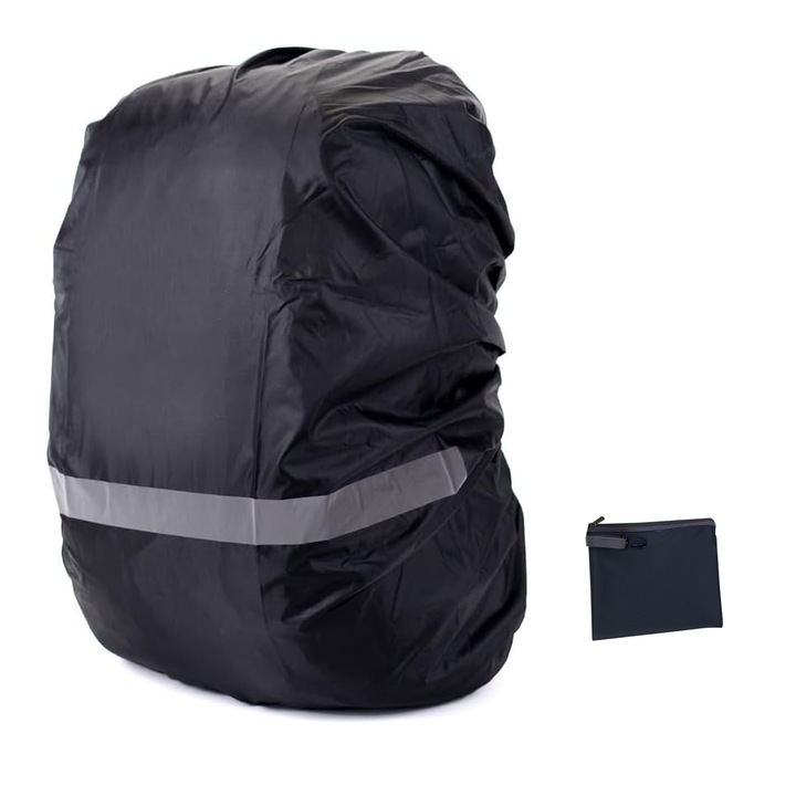 Husa de ploaie pentru rucsac, SINBINTA, S, 18-30L, Banda reflectorizanta, Cu geanta de depozitare cu fermoar, Impermeabila, Anti-praf, Rezistent la uzura, Usor, Usor de utilizat, Pentru calatorii, Calarie, Alpinism, Drumetii, PU/Nylon, Negru Glossy