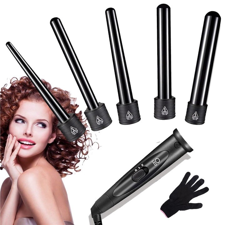 Ondulator par 5 in 1, MOSMAOO®, 150° C-210 ° C, LED,2 Trepte temperatura, Ceramica turmalina, Purtati manusi rezistente la caldura, potrivit pentru parul uscat si ud, Negru