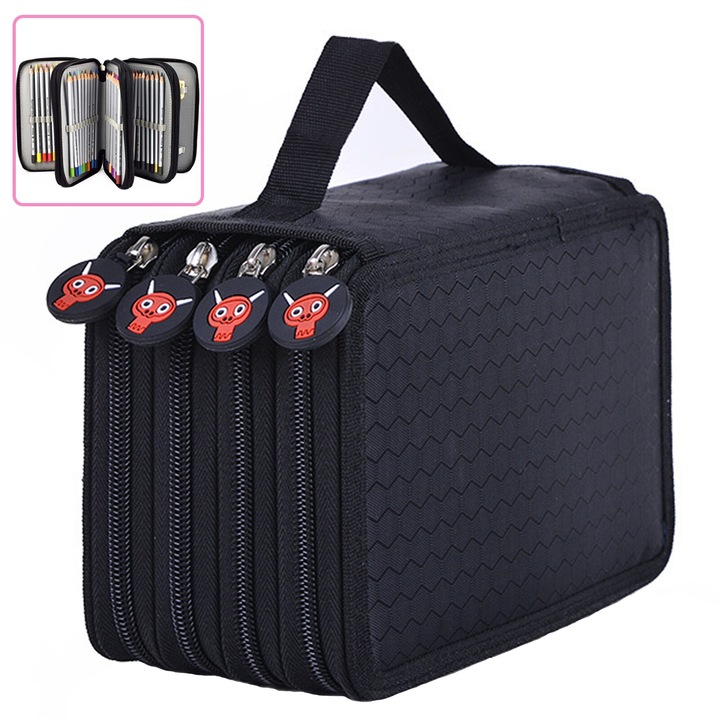 Penar Cu 72 de Sloturi Stilouri, Axroad Mall, Organizator cu 4 straturi, Cu maner, Impermeabil, Anti-soc si anti-cadere, Detasabil, Pentru adolescenti Baieti baieti fete elevi de scoala, Panza oxford, 20x12.5x8cm, Negru