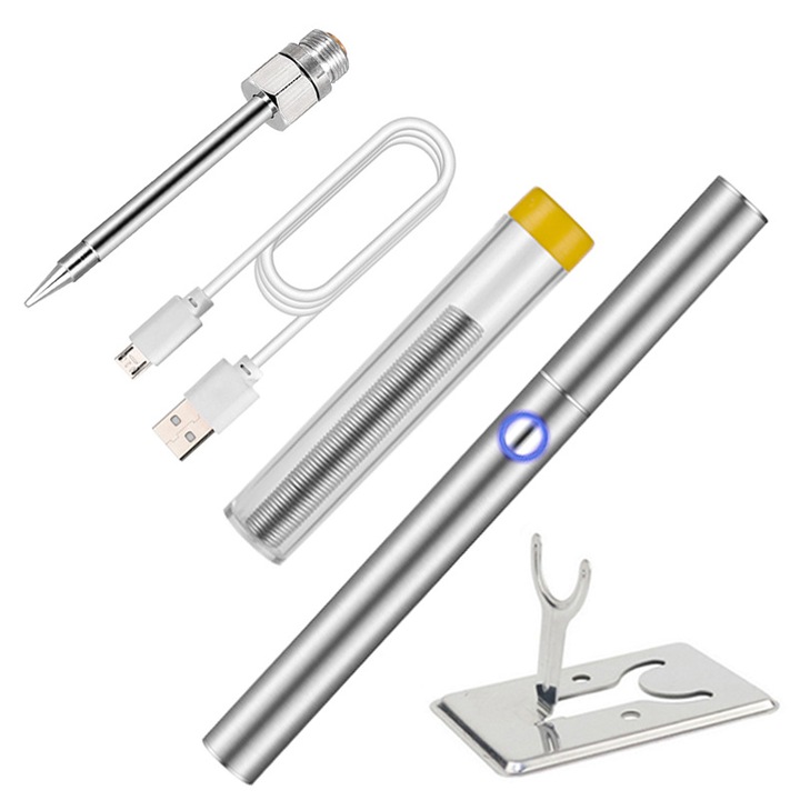 Преносим комплект поялник Letcon, безжичен с вградена батерия и USB зареждане, Dicollas, запояване на електронни компоненти с 1 поялник, 60 s защита, остър връх, сребрист