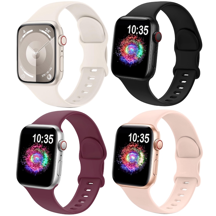 Set 4 Curea Ceas Silicon, Axroad Mall, Curea pentru smartwatch, Compatibila Apple Watch 38/40/41mm, Reglabil, Impermeabil, Usor de instalat si curatat, Moale, Unisex, S/M, 130-180mm, Bej/Negru/Roz/Violet