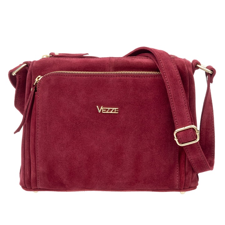 Geanta de umar Vezze din piele intoarsa, cu multiple compartimente, swisteqdqm de inchidere cu