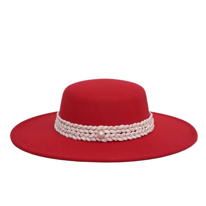 Palarie dama, rosie, stil canotiera, cu bor lat, Miranda, Pursehuit