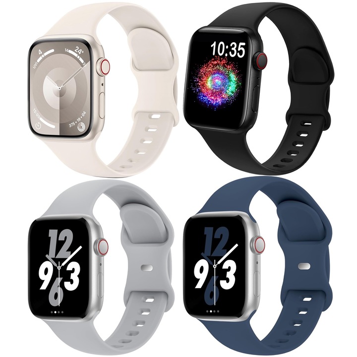 4 db szilikon óraszíj, Axroad Mall, okosóra szíj, kompatibilis Apple Watch 38/40/41mm, állítható, vízálló, könnyen telepíthető és tisztítható, puha, uniszex, M/L, 150-200mm, bézs/fekete/szürke/kék
