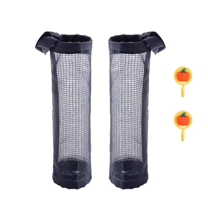 Suport pentru pungi de plastic, Ronyes, dozator, set 2 buc., negru, 38x11x5,5cm, 2 cuiere