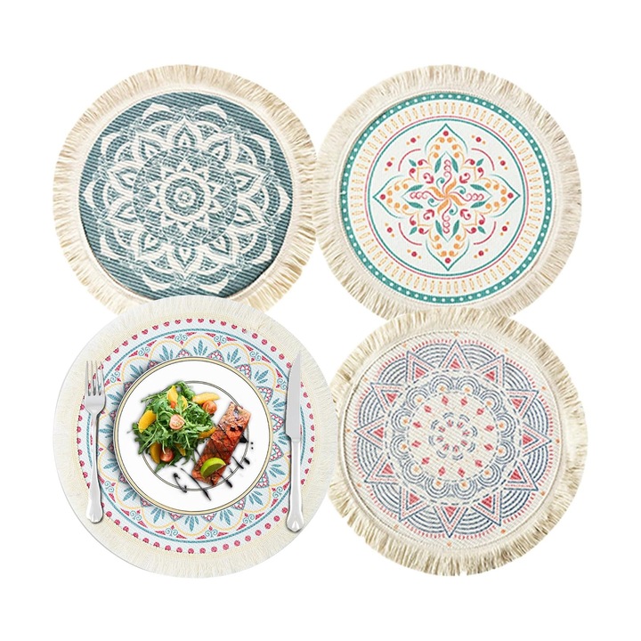 Set 4 suporturi de farfurie, SINBINTA, Model unic cu imprimeu floral, Absorbtie de apa puternica, Economisiti spatiu de depozitare, Protejati-va blatul de masa, Usor de curatat si de depozitat, Pentru casa, bucatarie, living, Bumbac, 33x33cm, Multicolor