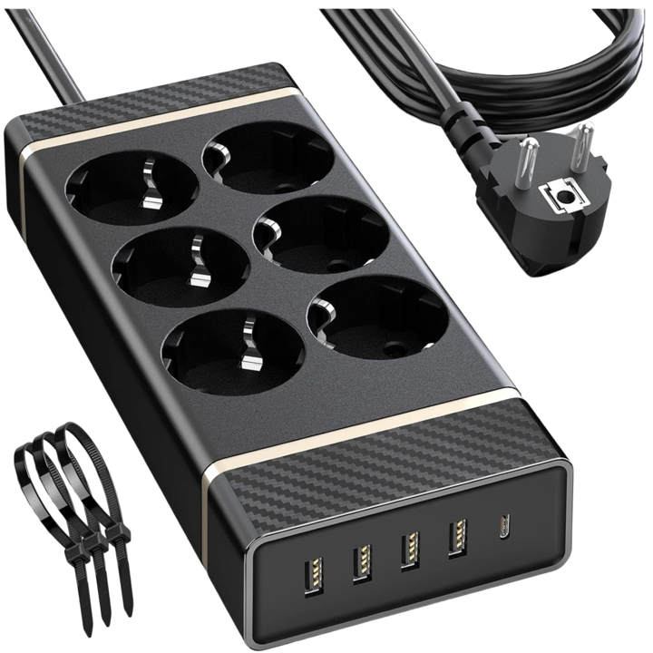 BYONDSELF Удължител, 3M, 2400 W, 6 изхода, 1 USB C PD 20 W порт, 4 USB A порта, с 3 кабелни ленти, защита от деца, подходящ за домашен офис, черен