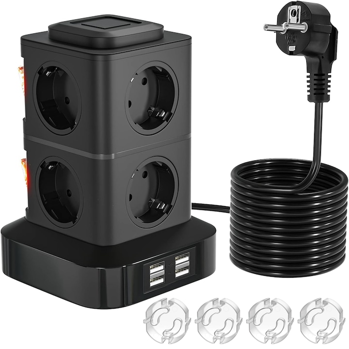 Удължител тип кула, BYONDSELF®, 2500 W, 3 M, 8 контакта, 4 USB A порта, с 4 защитни капака на контакта, независими превключватели, черен