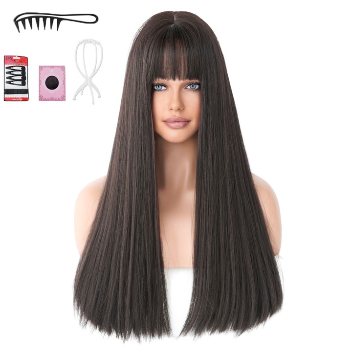 Peruca dama, coafura ondulata, maro negru, lungime 58CM