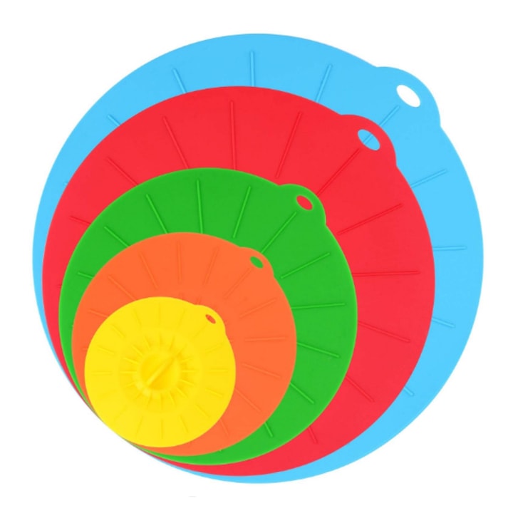 Set 5 capace silicon flexibile, Hight quality capace universale din silicon, SINBINTA, reutilizabile, Pastrati alimentele proaspete, Antialunecare si durabilitate, Usor de curatat, Pentru cesti, boluri, farfurii, oale, Diferite dimensiuni, Multicolor