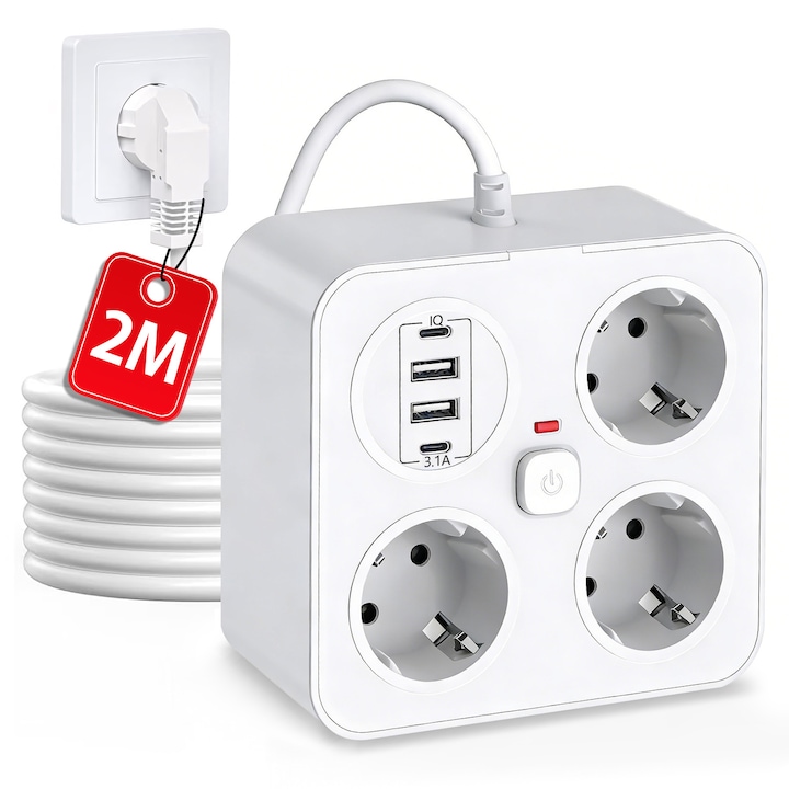 Prelungitor, BYONDSELF®, 3250W, 3 Prize, 2 USB-A, 2 USB-C, 2M, cu Suport pentru Telefon, pentru Birou Acasa, Alb