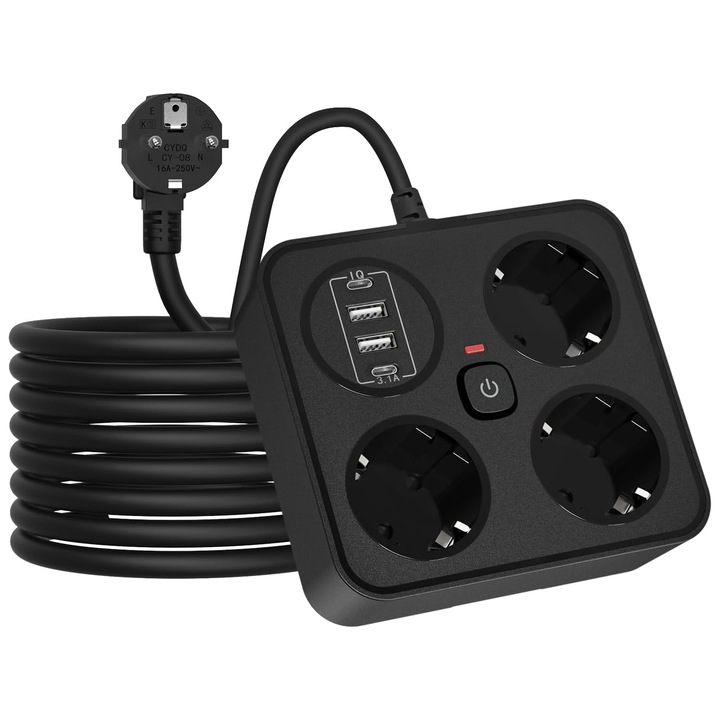 Удължител BYONDSELF, 3000 W, 3 контакта, 2 USB-A, 2 USB-C, 2M, с поставка за телефон, за домашен офис, черен