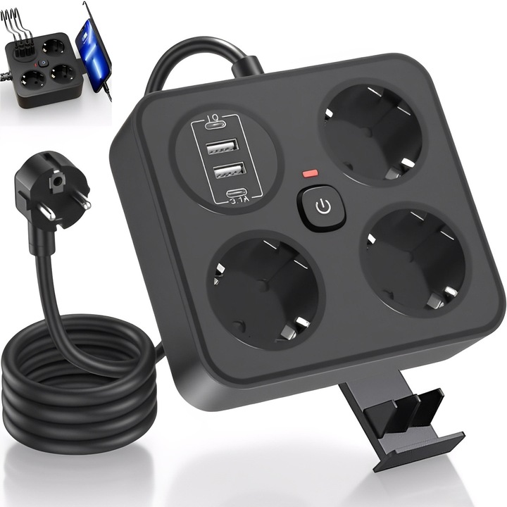 Удължител BYONDSELF, 3000 W, 3 контакта, 2 USB-A, 2 USB-C, 2M, с поставка за телефон, за домашен офис, черен