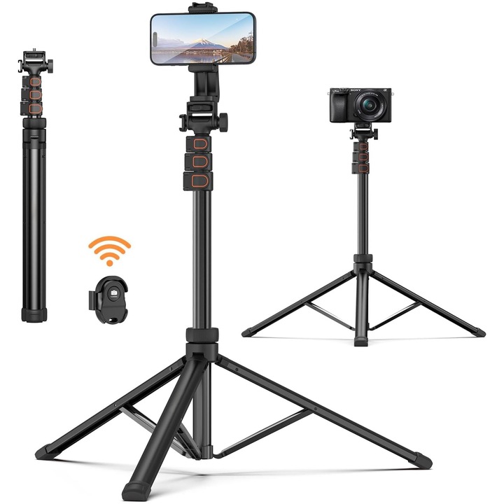 Фото статив BYONDSELF, 51-160 см, регулируем, с Bluetooth/въртящ се държач за телефон/чанта за съхранение, съвместим с телефон/камера, черен