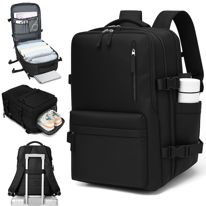 Rucsac de Voiaj, BYONDSELF®, pentru Avion, Extensibil 36-42L, Impermeabil, Deschidere la 180 de Grade, cu Compartiment pentru Laptop de 16 Inch/Compartiment pentru Pantofi, pentru Barbati si Femei, 31×22×47cm