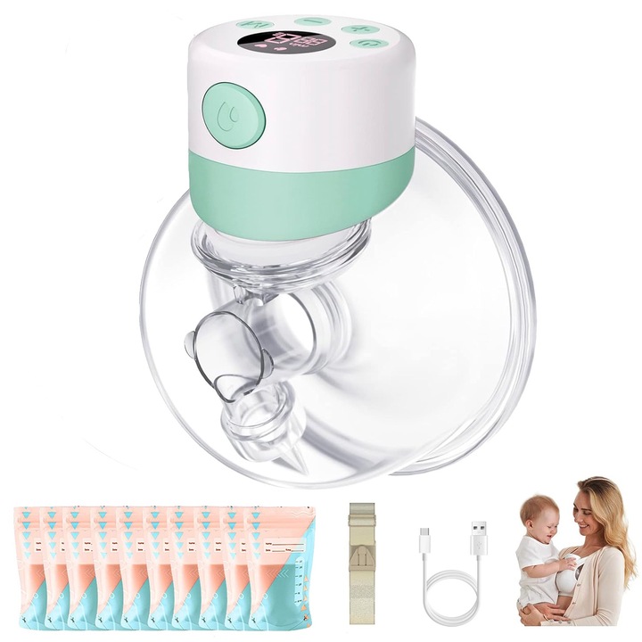 Електрическа помпа за кърма, BYONDSELF®, 2 режима, 9 нива, 180 ml, Anti-Reflow, без BPA, ниско ниво на шум, с 10 торбички за съхранение на мляко, зелена