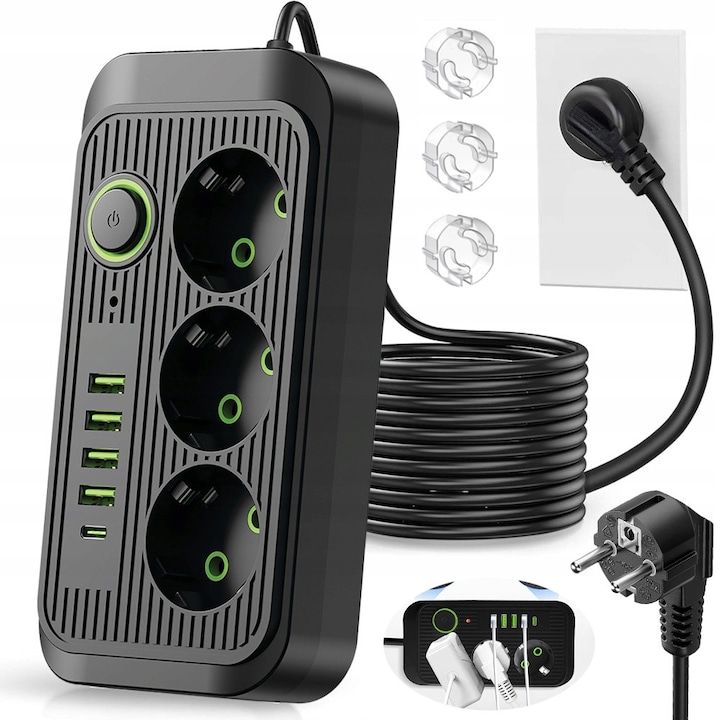 Prelungitor, BYONDSELF®, 2500W, 3 Prize, 4 USB A, 2M, cu 3 Capace de Protectie pentru Prize, Montabil pe Perete, pentru Casa/Birou, Negru