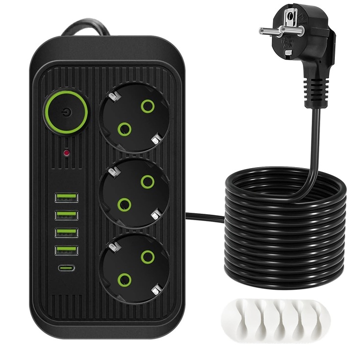 Удължител BYONDSELF, 2500 W, 3 изхода, 4 USB A, 2M, с хъб, за дома/офиса, черен