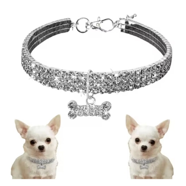 Zgarda pentru caini cu diamante, din cupru si placat cu argint, marime S, Argintiu