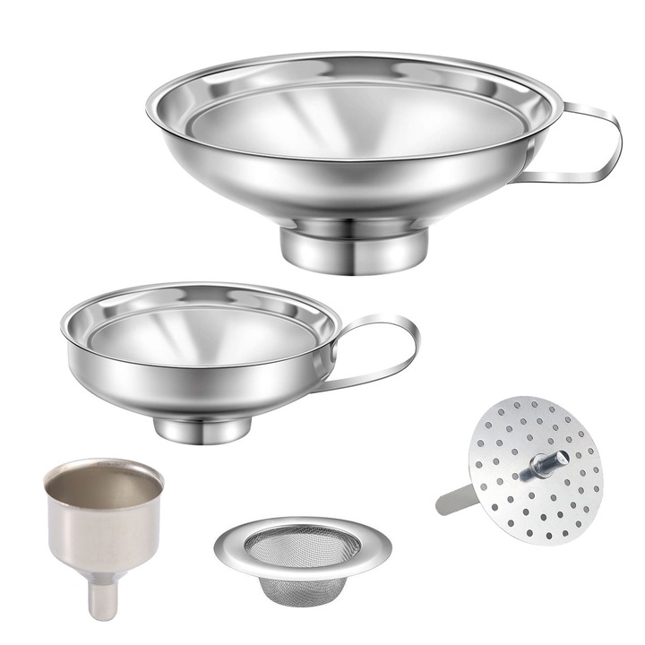 Комплект от 5 фунии от неръждаема стомана за буркани, SIBINTA, С дръжки, Устойчиви на корозия, Издръжливи и здрави, Лесни за използване и почистване, За обикновени бутилки за вода и бутилки за масло, Неръждаема стомана, 14,8x6,4 см, Сребро