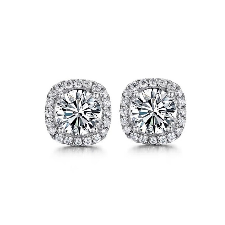 Cercei Argint cu Pietre Patrate, Diva4u, Placat cu argint/Zirconiu, Diametru 1 cm, Include husa de catifea pentru bijuterii