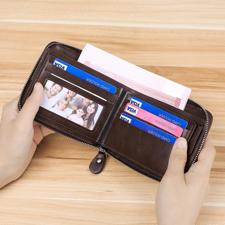 Мъжки портфейл от естествена кожа, джоб за лична карта, защита на RFID картата, съхранение на кредитни карти и бележки, шофьорска книжка, джоб за монети, многофункционален, слотове, Vanaxalife®, кафяв