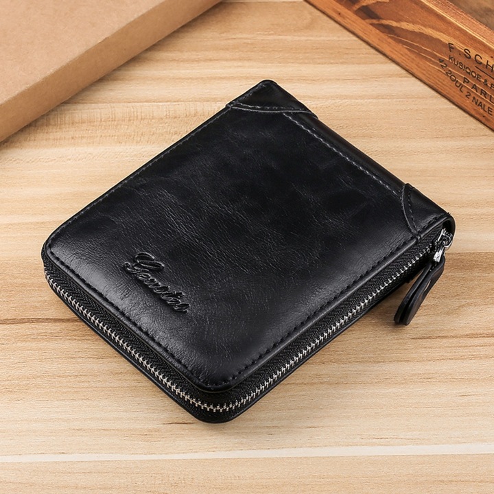 Мъжки портфейл от естествена кожа, джоб за лична карта, защита на RFID картата, съхранение на кредитни карти и бележки, шофьорска книжка, джоб за монети, многофункционален, слотове, Vanaxalife®, черен