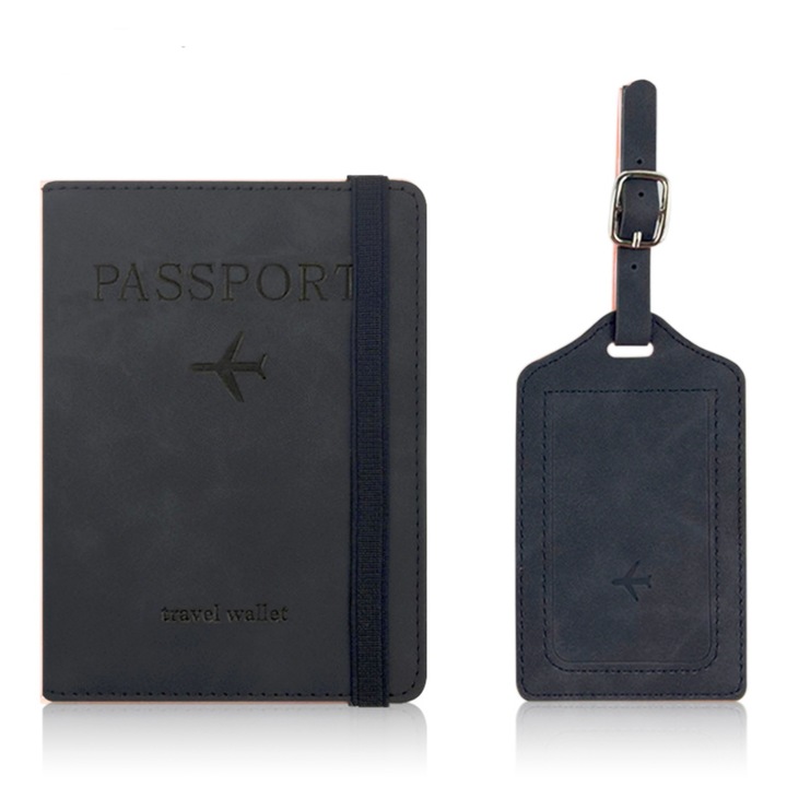 Set Portofel pentru Pasaport si Carduri Protectie RFID, Etichete pentru bagaje, 14.3*10.5cm, PU piele, Multifunctional, Vanaxalife®, Negru