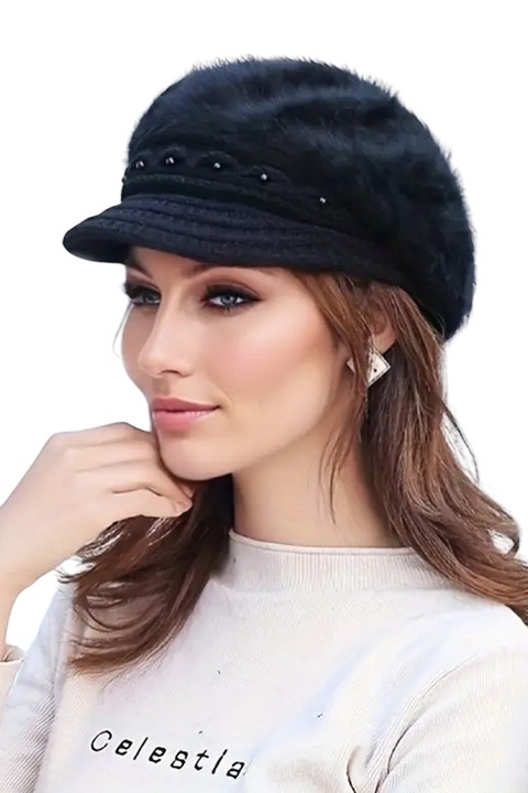 Дамска шапка EFAYN, модел с козирка и нежни аксесоари, тип топла барета, черна
