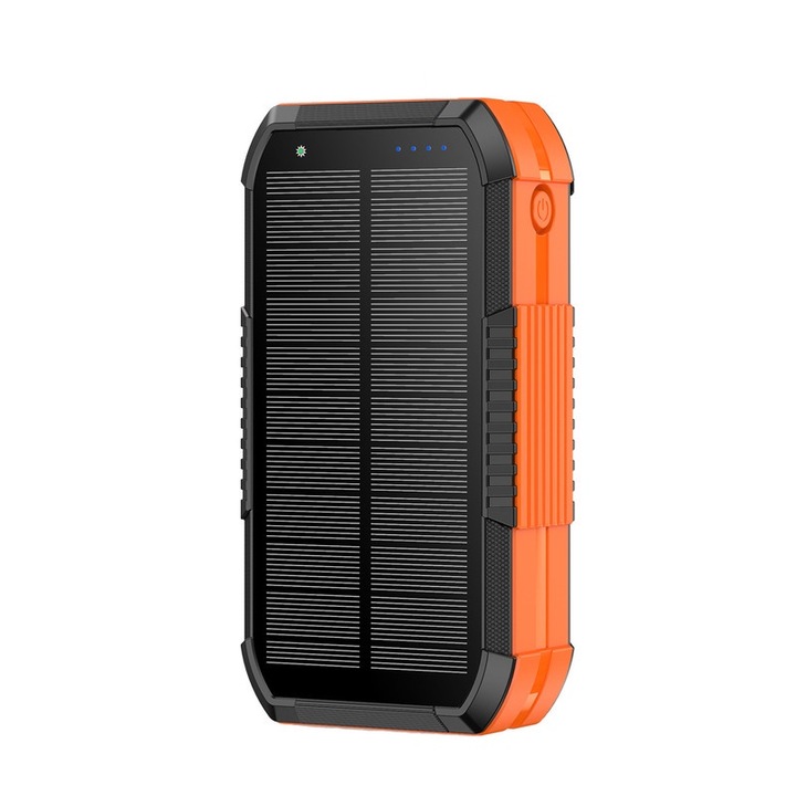 Solar Power Bank, 30000mAh, безжично зареждане, 20W, 3 метода на зареждане, 4 USB порта Бързо зареждане, вградено фенерче, ABS, оранжево/черно