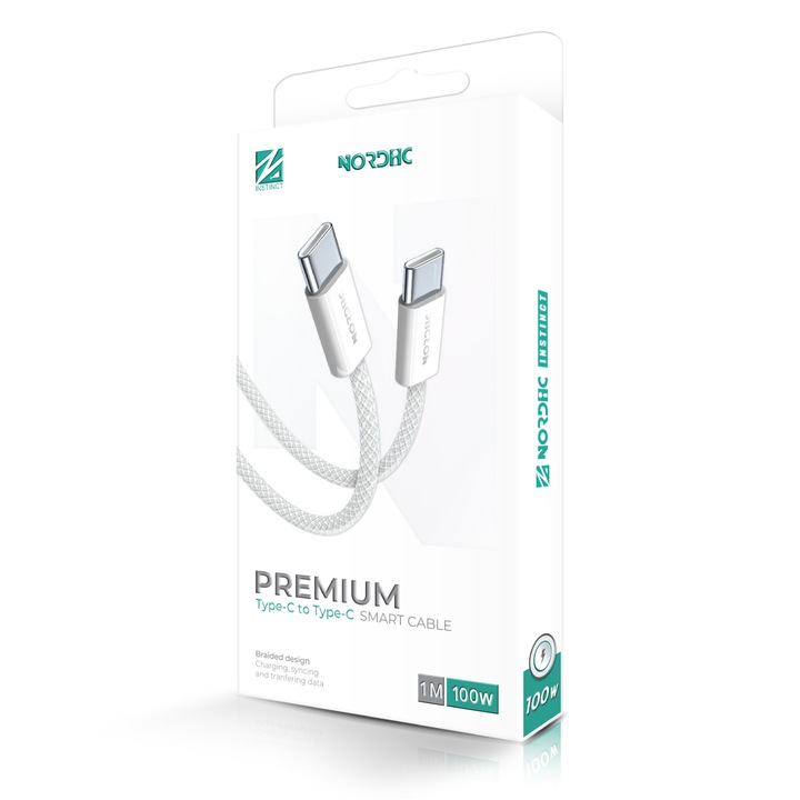 Cablu de la Type-C la Type-C NORDIC, 100W, 1m, alb