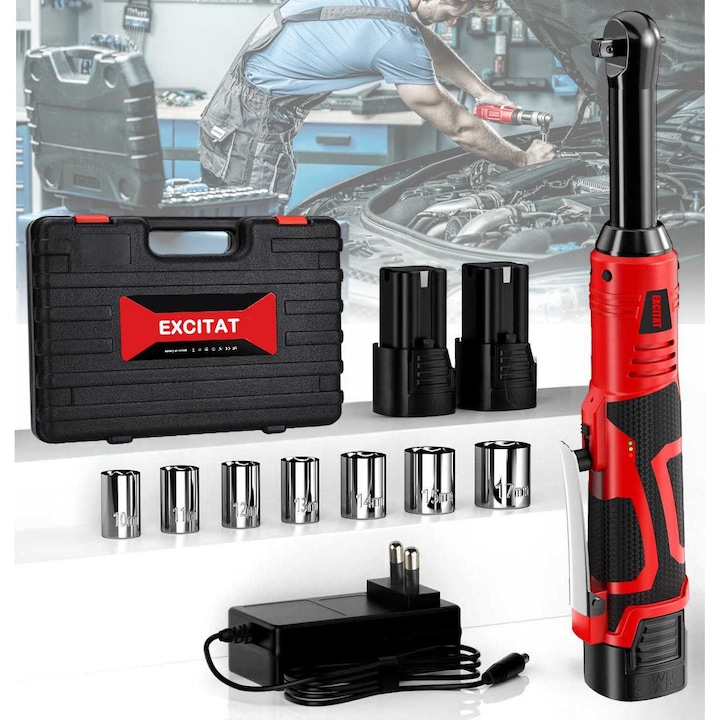 Hosszú tengelyű ütős racsnis kulcs, Excitat®, 10 cm-es racsnis fej, 18V, 450 ford./perc, 2Ah, Változtatható sebesség, Akkumulátor töltöttségi szint kijelző, LED világítás, 2 elem, piros