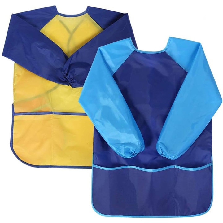 Set 2 Sorturi Pentru Pictura Pentru Copii, Axroad Mall, 3 buzunare, Manseta elastica, Rezistenta la rupere ingrosata, Rezistent antifouling, Compatibil cu masina de spalat, Pentru bucatarie, pictura, gratar in aer liber, PET, 44x60cm, Albastru/Galben